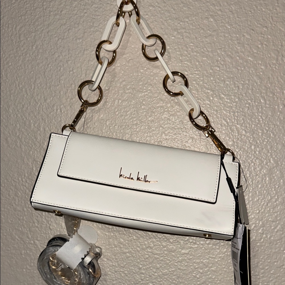 Nicole Miller White Shoulder Bag with Gold Accents